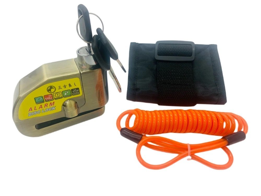 アンティーク真鍮色 バイク用ディスクロック メッキ仕上げ 専用バック付 警報アラーム付き セキュリティ 盗難防止 110db 大音量 防犯 ディ拍卖