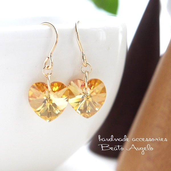 ◆+angelo+K14GF スワロフスキー 6228のピアス(p-077)Cメタリックサンシャイン ハート 一粒 シンプル拍卖