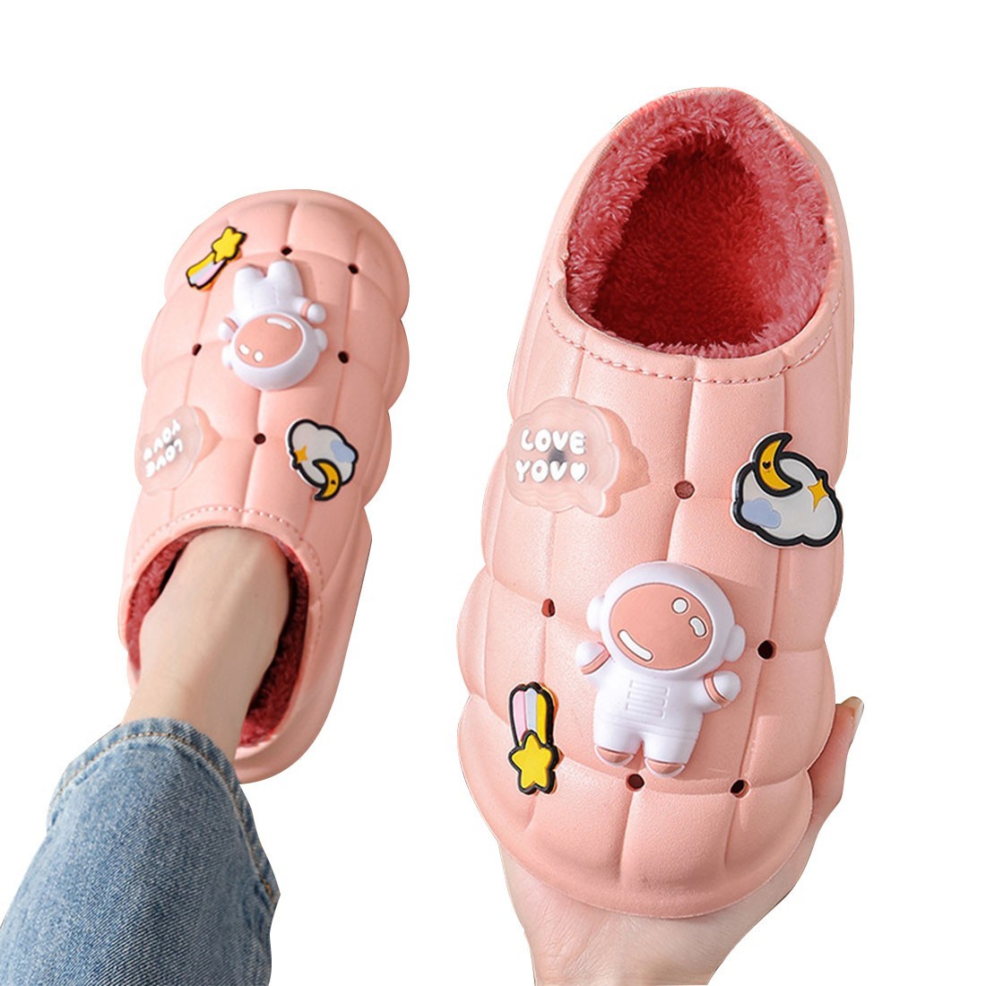 チャーム付きスリッパ かかと無し 大人用 24.5cm ピンク レディース ボア付き 防水 裏ボア 防寒 防滑 厚底スリッパ拍卖