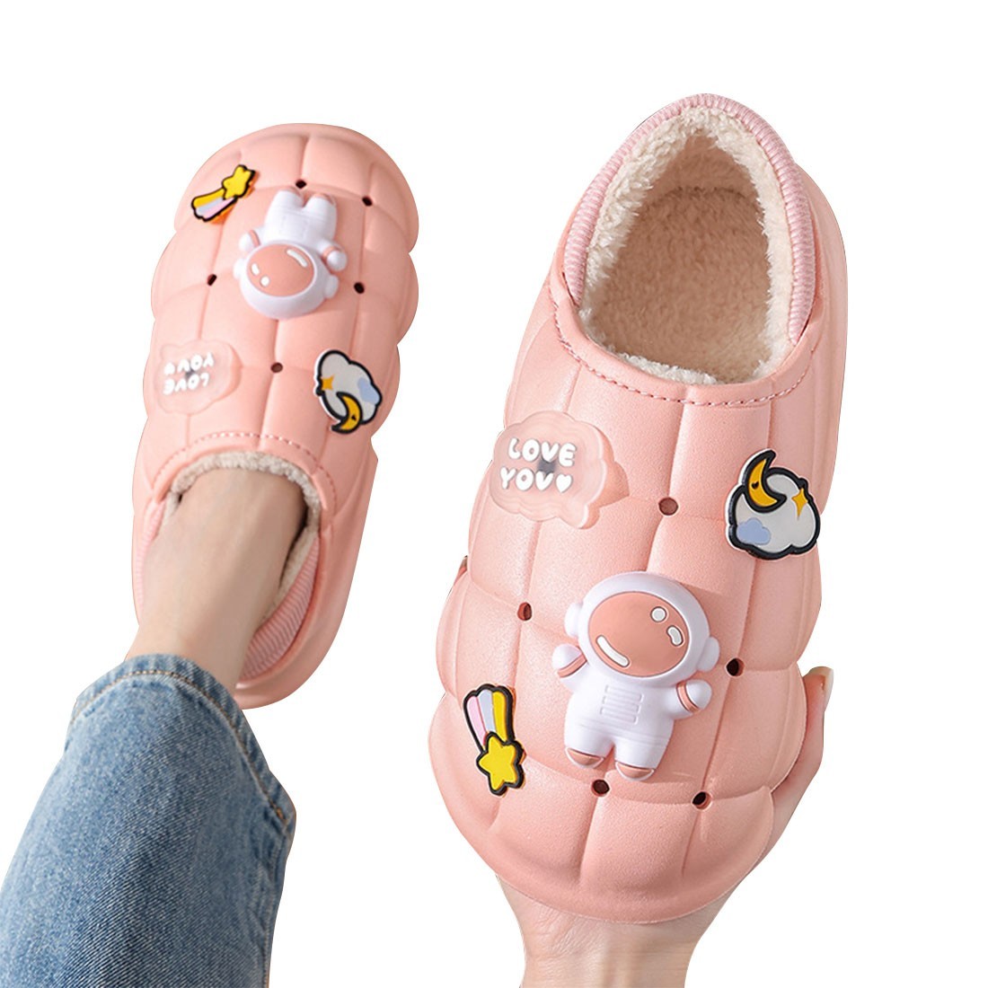 チャーム付きスリッパ かかと付き 大人用 23.5cm ピンク レディース ボア付き 防水 裏ボア 防寒 防滑 厚底スリッパ拍卖
