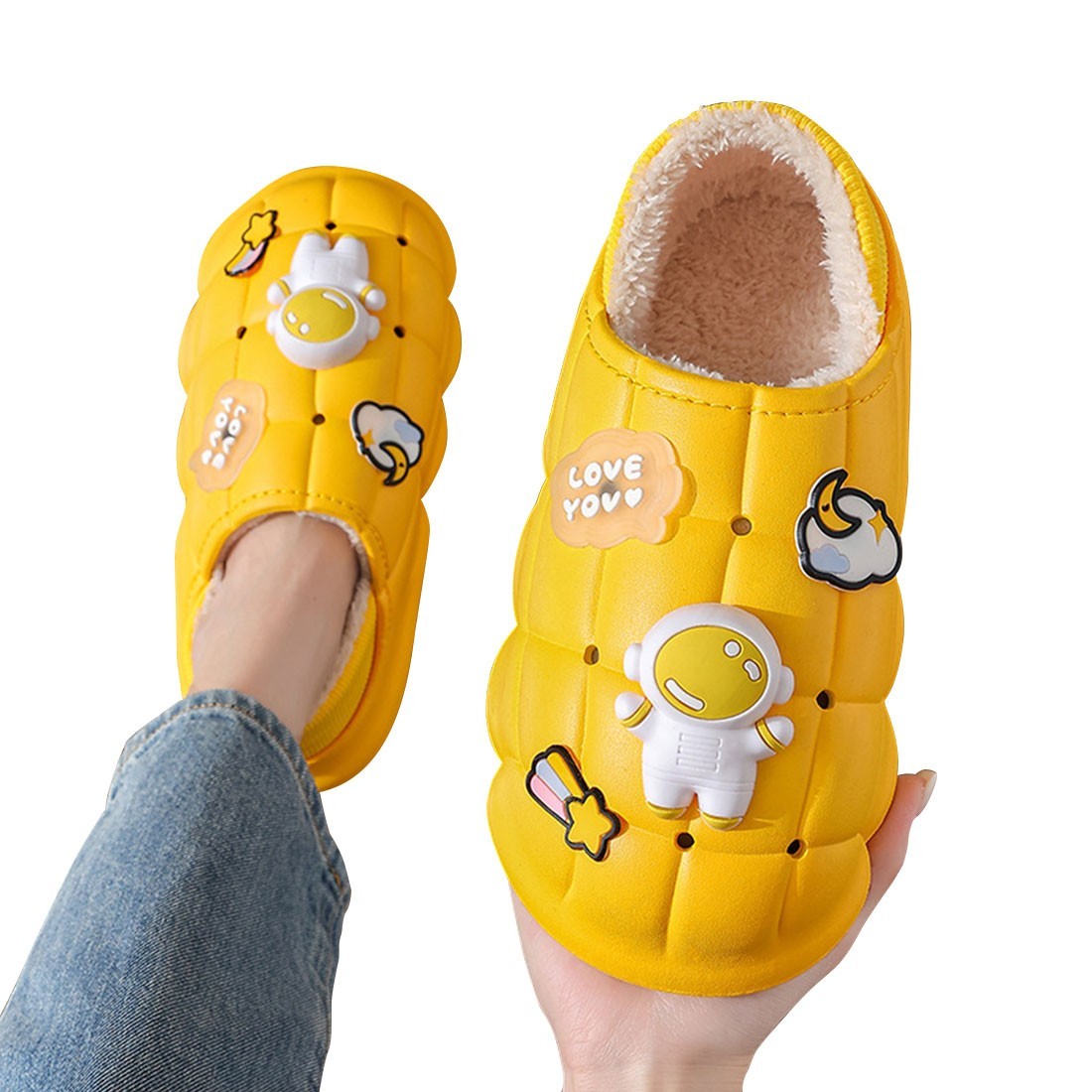 チャーム付きスリッパ かかと付き 大人用 23.5cm イエロー レディース ボア付き 防水 裏ボア 防寒 防滑 厚底スリッパ拍卖