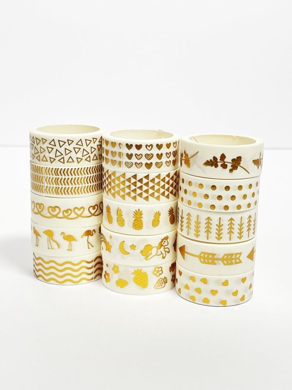 新品 マスキングテープ 可愛い キラキラ 15個セット ゴールド系 文具 手帳 テープ シール 飾り DIY 文房具拍卖