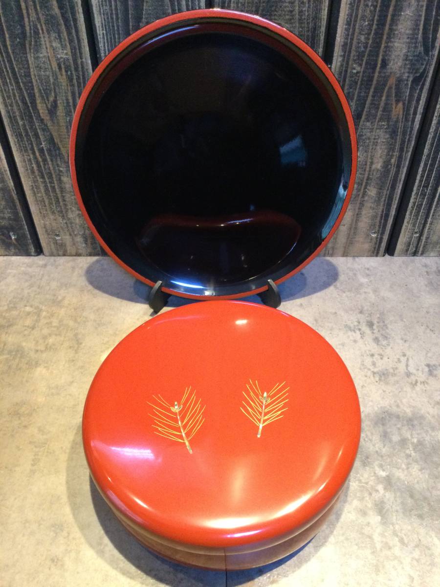 美品・保管品 沈金松葉 盆付菓子器 菓子器 朱塗 朱色 茶盆 茶道具 合成漆器/天然木拍卖