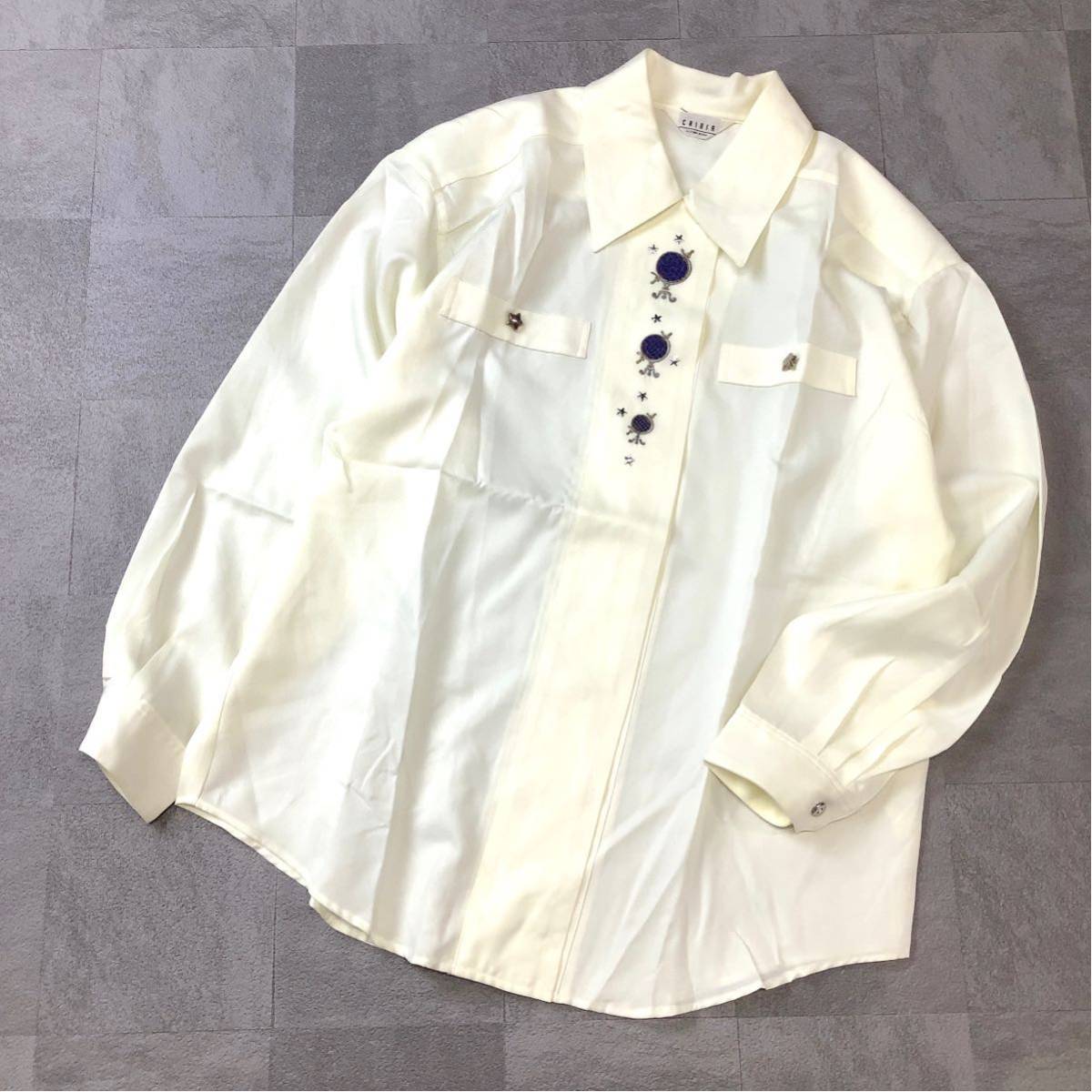 美品 CRIBA 地球儀刺繍 デザインシャツ 長袖シャツ レトロシャツ レディース Mサイズ ホワイト ポリシャツ拍卖