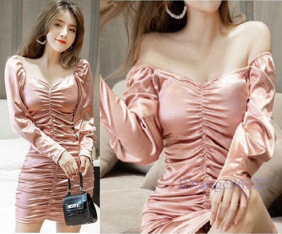 F184★セクシー*エロかわ?ぴったりボディライン?とろみ素材*オープンネック*ギャザー入*タイトワンピース*ピンク*メタリックカラー拍卖