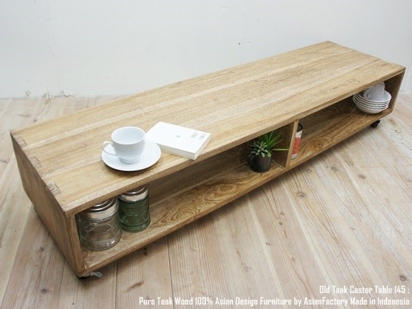 オールドチーク無垢材 キャスターテーブル145cm 車輪付きテーブル テレビ台 センターテーブル ローテーブル オーディオラック拍卖