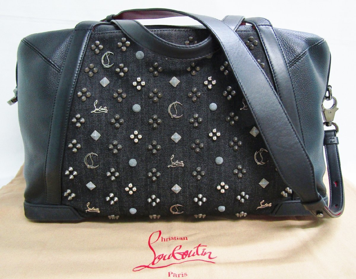 Christian Louboutin クリスチャンルブタン 2Way ショルダー ハンド トート バッグ デニム レザー スタッズ エンブレム ボストン ブラック拍卖