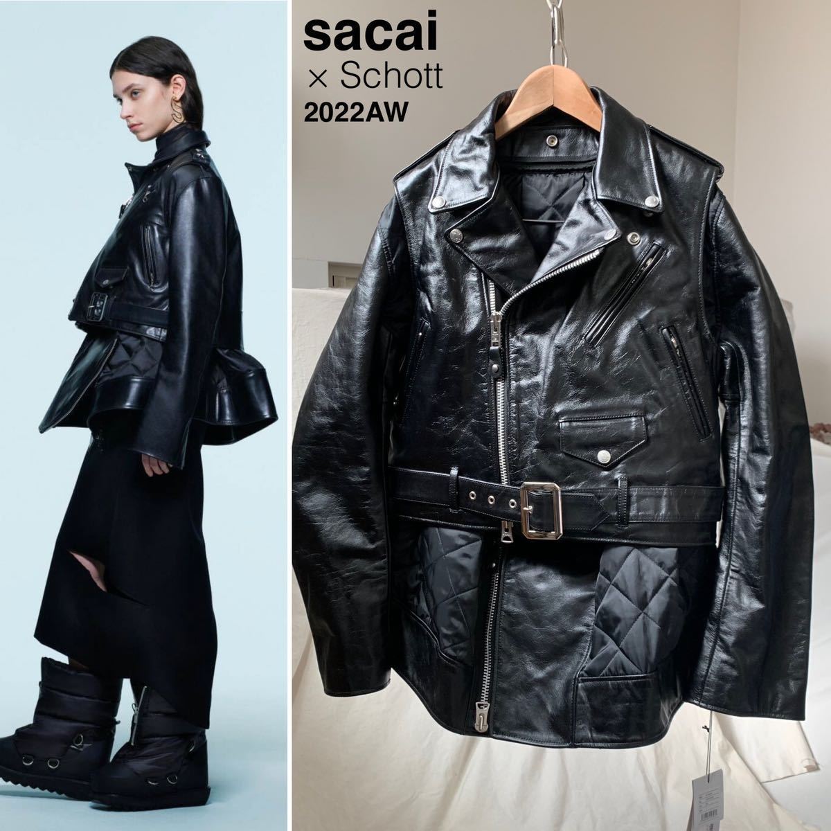 新品 2022AW sacai サカイ schott ショット コラボ レザー ライダース ジャケット 2 定29.7万 黒 レディース M ブラック 送料無料拍卖