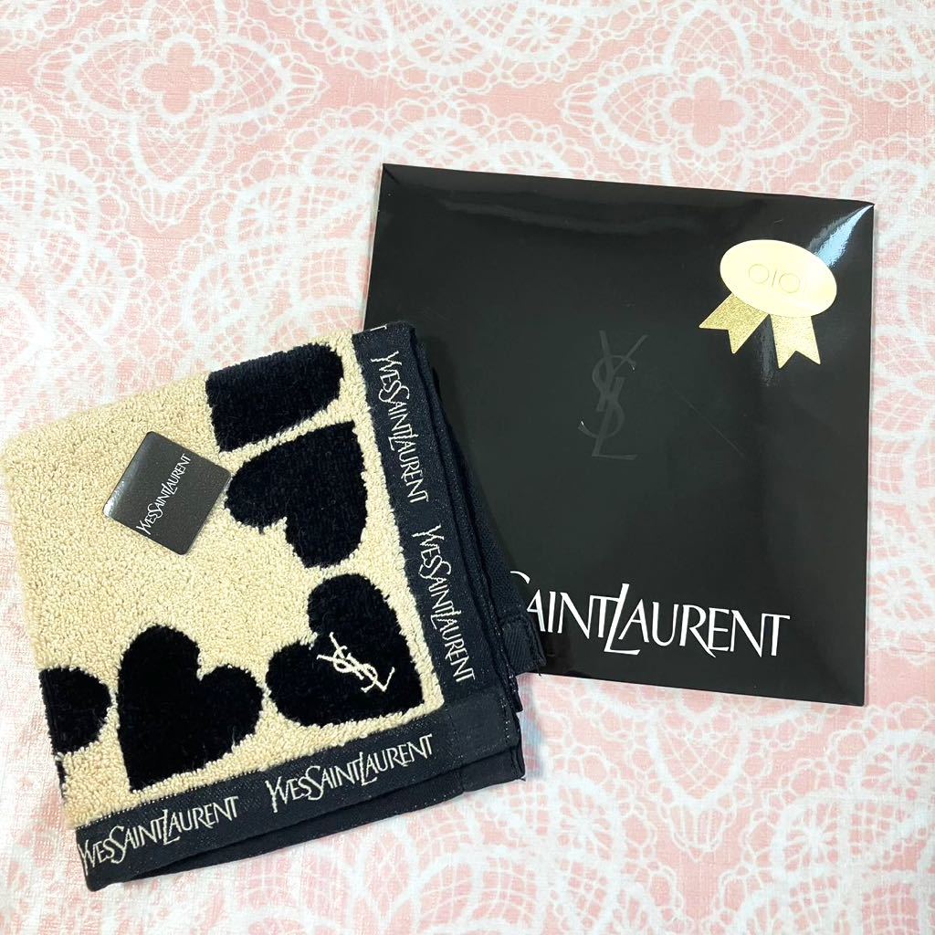 【人気柄】新品/イヴサンローラン/タオルハンカチ/正規品/未使用/YVES SAINT LAURENT/YSL/綿100% /黒/ブラック/大判/ハート/ギフト袋拍卖