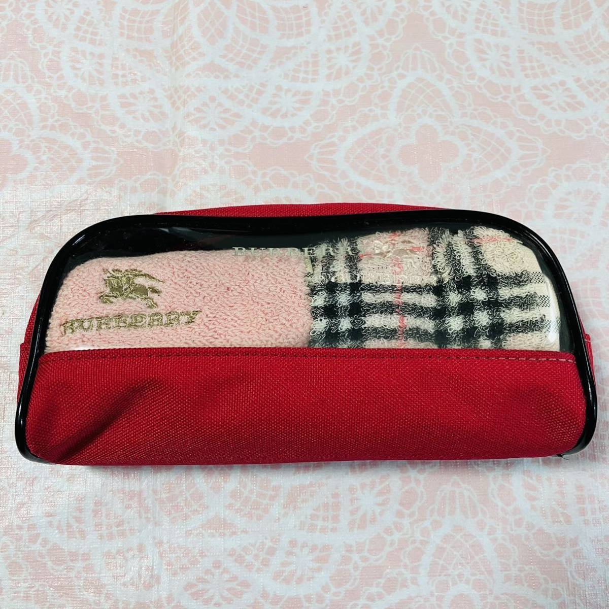 【レア】新品/BURBERRY/筆箱/タオルハンカチ2枚/正規品/未使用/バーバリー/ノバチェック/バニティ/化粧/ペンケース/ポーチ/ピンク/訳有拍卖