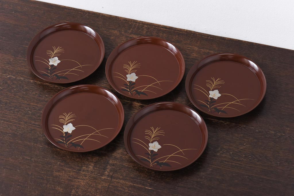 R-034976 昭和初期 桔梗図 しっとりとした光沢が魅力的な木製皿5枚セット(漆器、和食器)(2)拍卖