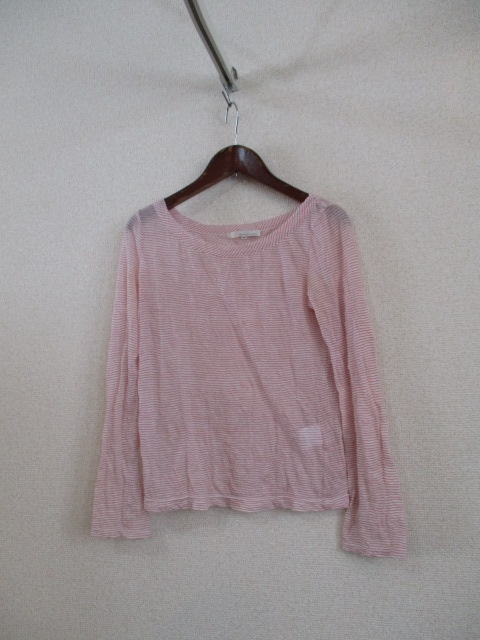 Brahminピンク×白ボーダーしわ加工7分袖カットソー(USED)21818②)拍卖