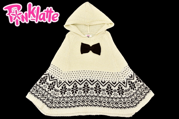 S3832★PINK latte ピンクラテ★秋冬向き ノルディック柄アイボリー×ブラウン ビッグリボン付き ニット素材 フード付きポンチョ M拍卖