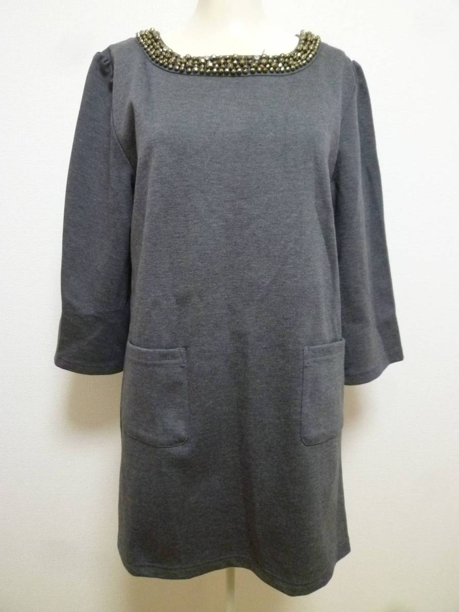 petit Honfleur♪グレービーズビジュー付きネック肩パフワンピースM♪215拍卖