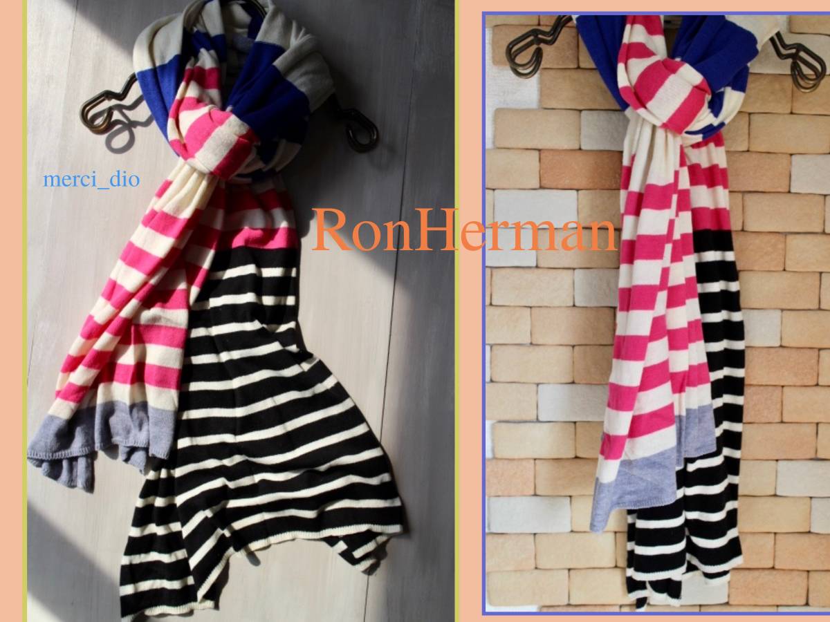 ロンハーマン RonHerman コットンウール カラーブロック ボーダー柄 大判ストール ロングマフラー ビビッドカラー ピンク コバルトブルー拍卖