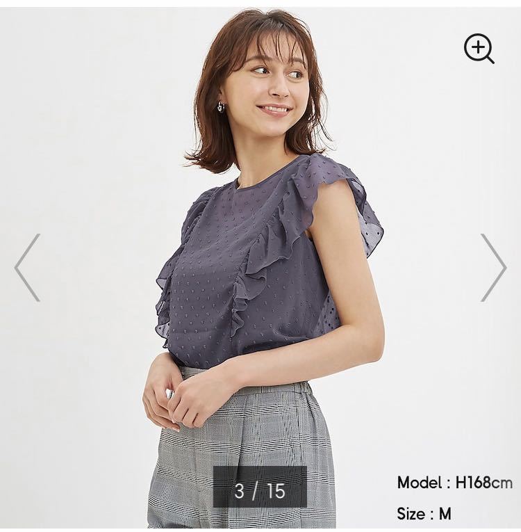 新品 GU シアーラッフルスリーブブラウス パープル S シフォン シャツ拍卖