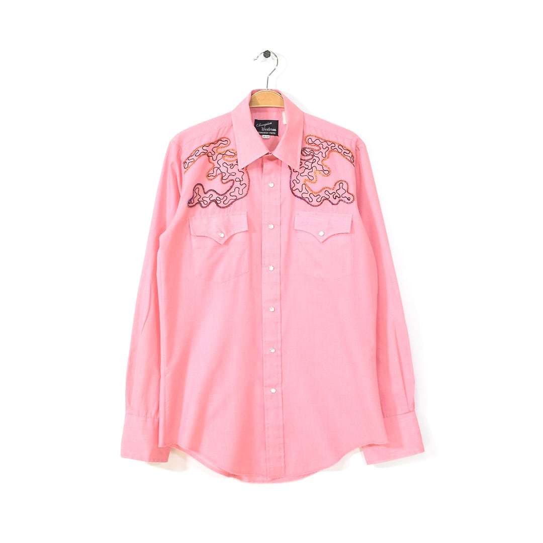 【送料無料】 70s チャンピオンウエスタンズ 刺繍 ウエスタンシャツ ヴィンテージ ピンク CHAMPION WESTERNS メンズM相当 古着 @CA1015拍卖