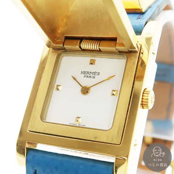 HERMES メドール 11.01 レディース腕時計 GP 革ベルト 青 クォーツ スタッズ 〇W刻印 質屋拍卖