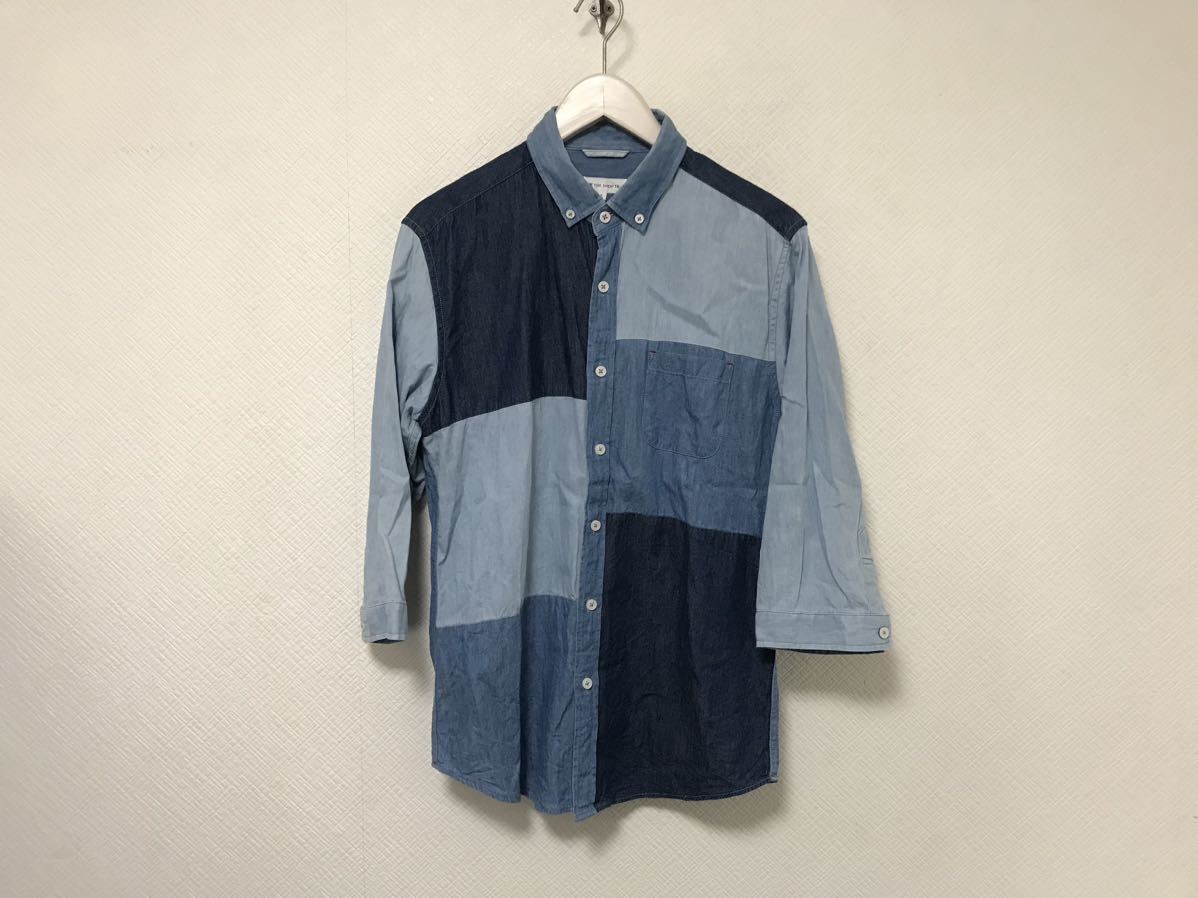 本物タケオキクチtkTAKEOKIKUCHIコットンデニム切り替え7分袖長袖シャツメンズサーフアメカジミリタリービジネススーツブルー青L拍卖