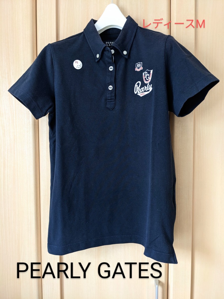 PEARLY GATES レディース1 パーリーゲイツ ゴルフ半袖 ストレッチ BD ポロシャツ ブランドロゴ刺繍ネイビー M相当 日本製 正規品拍卖