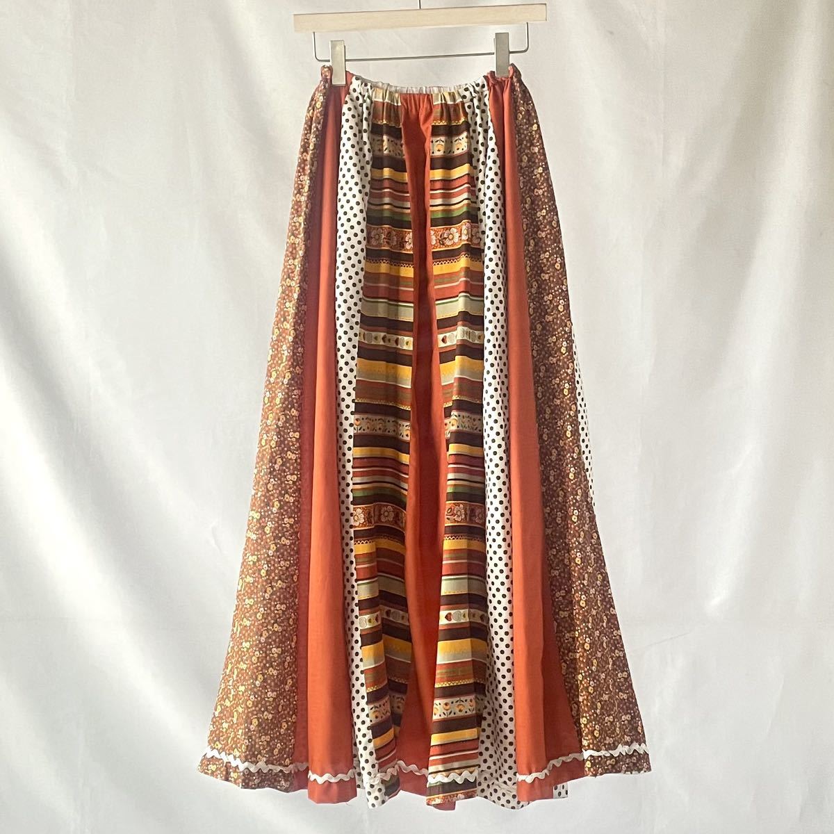 70s vintage マキシ丈 スカート 花柄 ドット オレンジ ストライプ 切替 パッチワーク拍卖