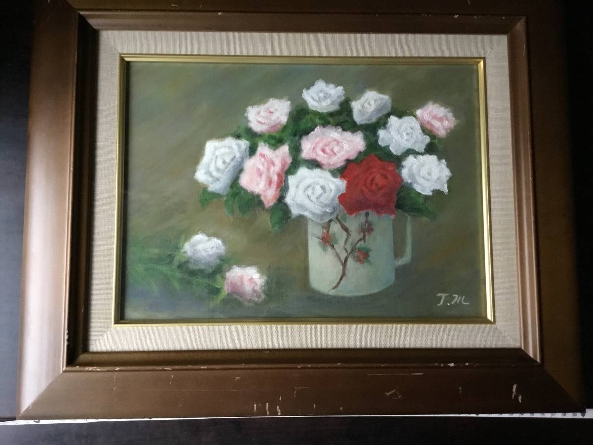 バラ 薔薇 たいへん可愛いらしい 薔薇の油絵 真筆 作者:「JM」のサイン 美しく 優雅に絵描かれている傑作 です拍卖