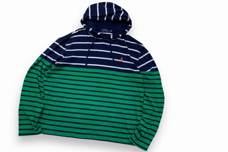 グッドカラー!!POLOポロRalphLaurenラルフローレン2トーンボーダー長袖パーカTシャツL紺×緑クレイジーパターンアメカジストリートnr2331拍卖