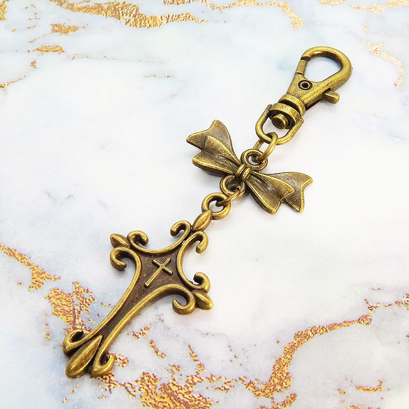 アンティークゴールド ロザリオとリボンのキーホルダー バッグチャーム ファスナーチャーム 金具変更可拍卖