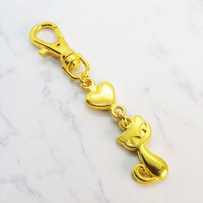 ゴールドカラー かわいい猫のファスナーチャーム キーホルダー イエローゴールド 金具変更可拍卖