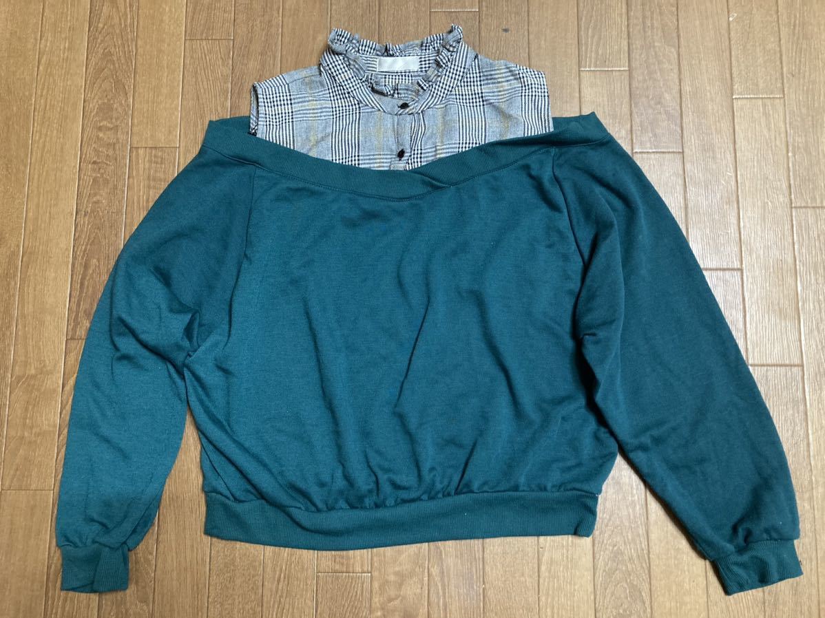 ★肩空きグリーン緑重ね着風トレーナー★L拍卖