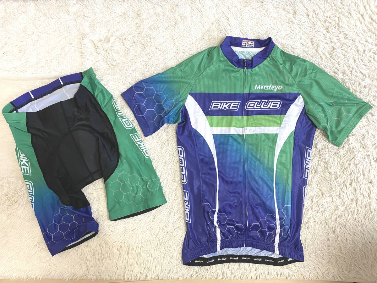 男女兼用Mサイズ:Mersteyo メンズ サイクルジャージ上下/サイクリングウエア 半袖*サイクルパンツ:青紺緑 春夏秋用★送料込み拍卖