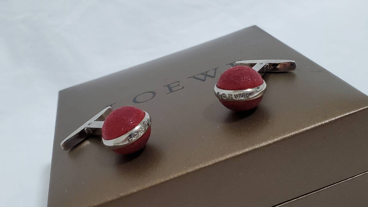 正規 ロエベLOEWE アマソナ アナグラム ロゴリング レザーラウンドカフス 赤 サークルボールカフリンクス クラシック コンビボタン 付属有拍卖