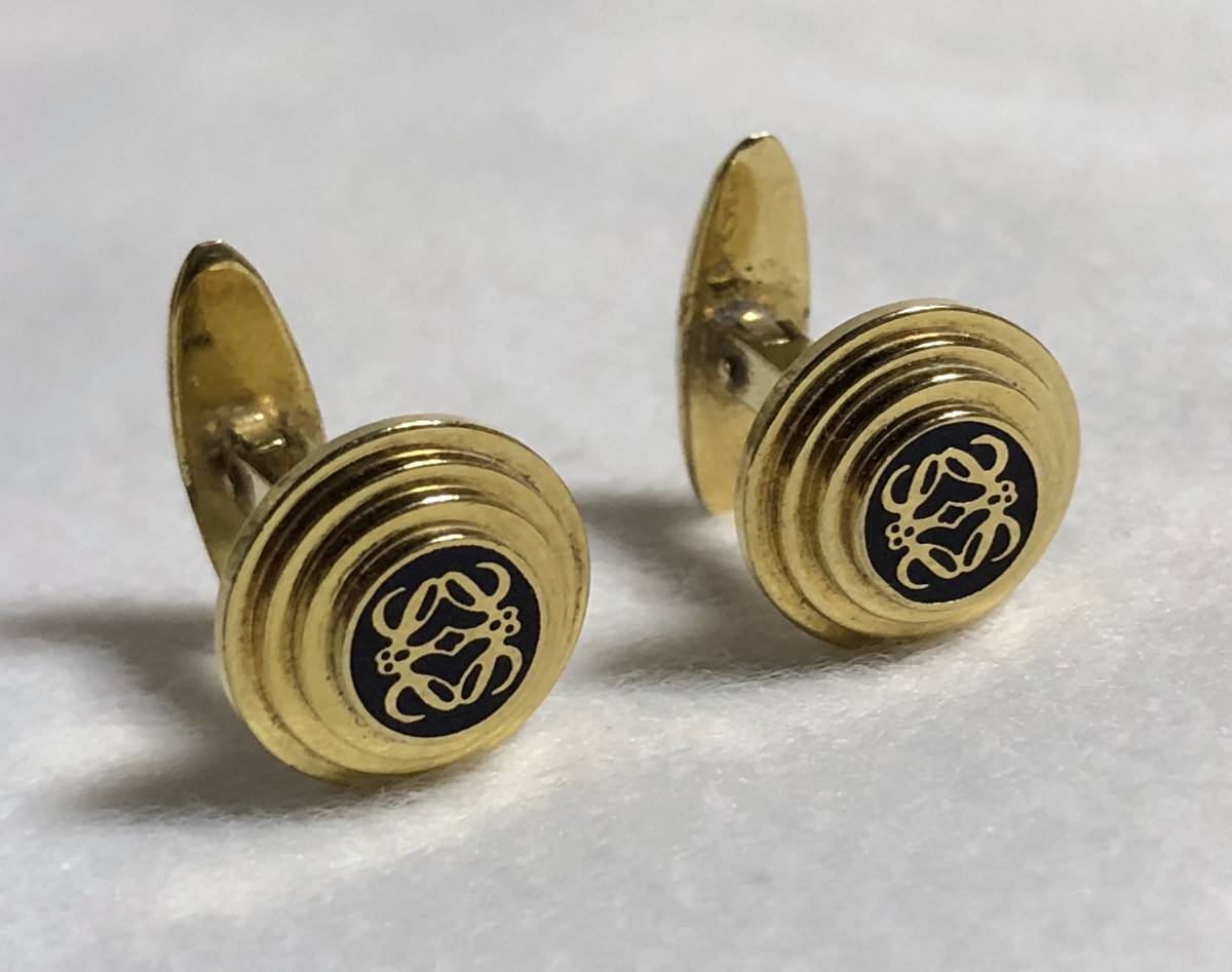 正規 LOEWEロエベ アマソナ アナグラム ヴィンテージ オーバル立体カフス 金×黒 カフリンクス ゴールド×ブラック ラウンドアイコンボタン拍卖