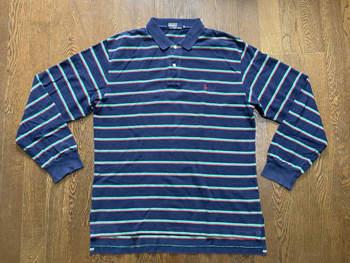 ビッグサイズ 90s Polo ポロ ラルフローレン ボーダー柄 長袖 ポロシャツ LL 紺x緑x赤 古着 アメカジ 拍卖