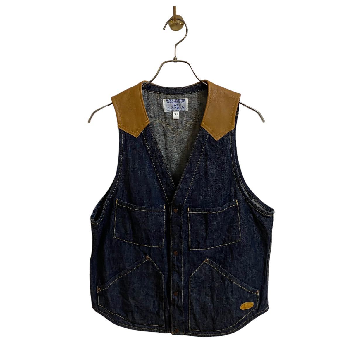【ロッキーマウンテン デニム×レザー デニムベスト ワークベスト インディゴ ベージュ サイズ38 ROCKY MOUNTAIN FEATHERBED 美品 紙タグ】拍卖