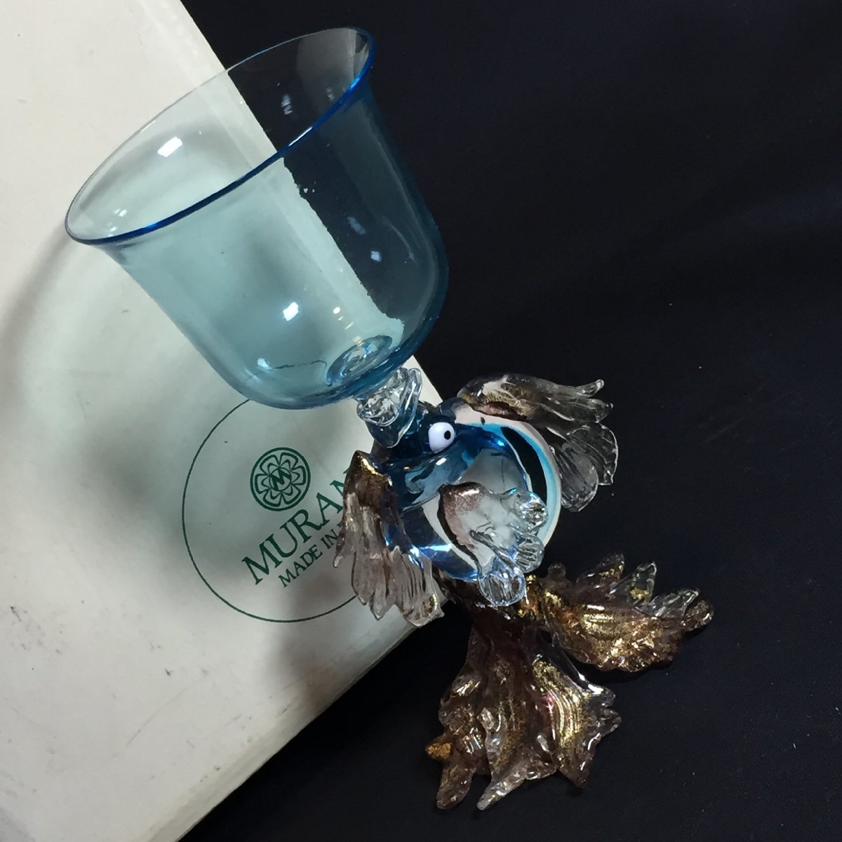 3403-60【 MURANO 】 ムラーノ ムラノ グラス フィッシュ ベネチアングラス フィッシュステム ワイン ブルー イタリア製 工芸品 レア拍卖
