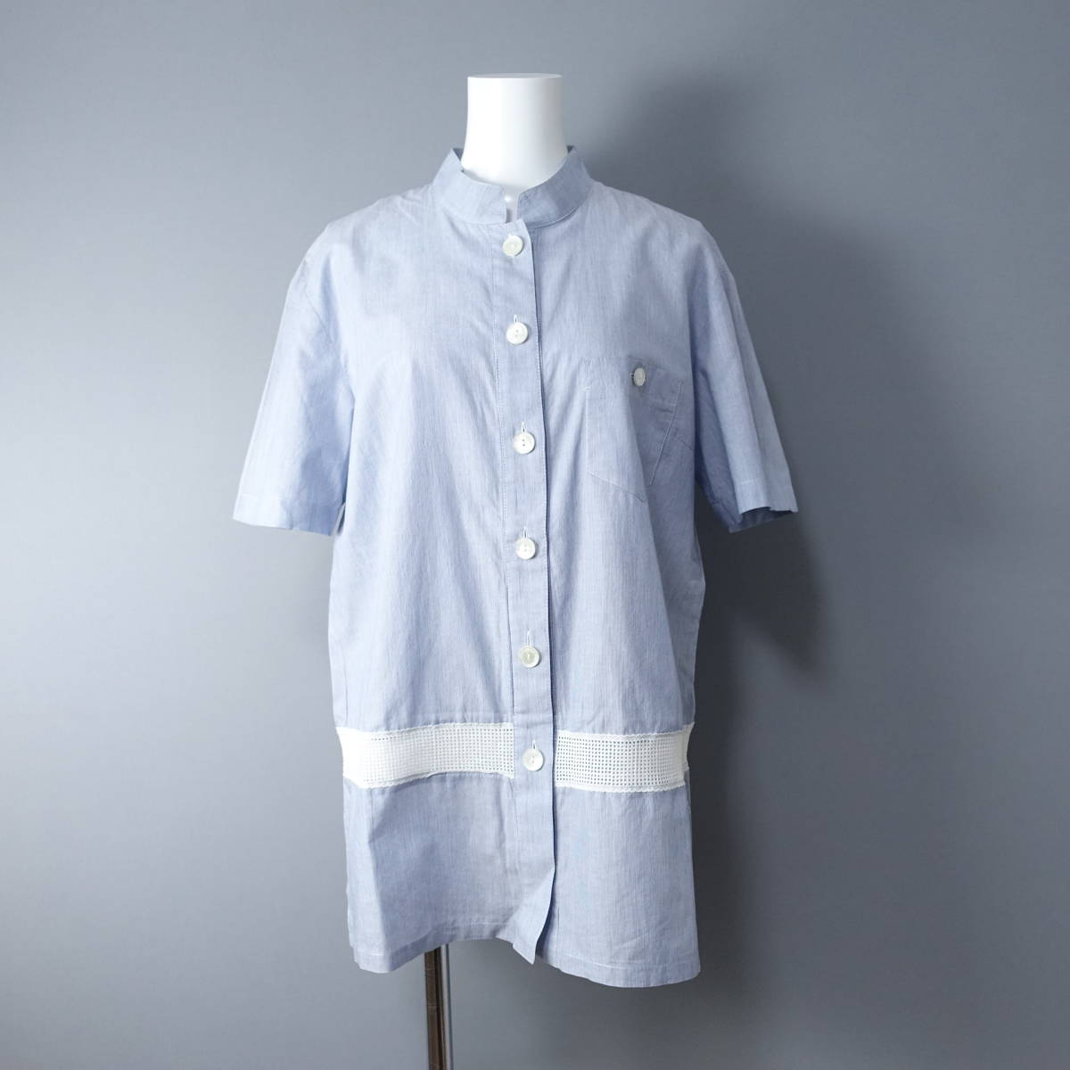 Leilian/レリアン/9/日本製/ノーカラーシャツ/ライトブルー/水色/ブラウス/レディース/半袖拍卖