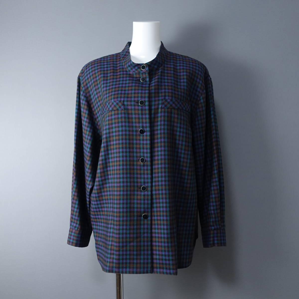 Leilian/レリアン/13+/肩パッド付(取り外し可能))/日本製/ウール混/ノーカラーシャツ/パープル系/紫/マルチカラー/レディース拍卖