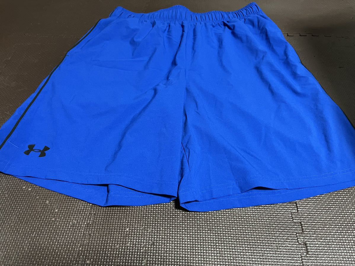 新品UNDERARMOURウエストロゴ入り、青、ロゴ黒ストレッチハーフパンツ サイズXL拍卖
