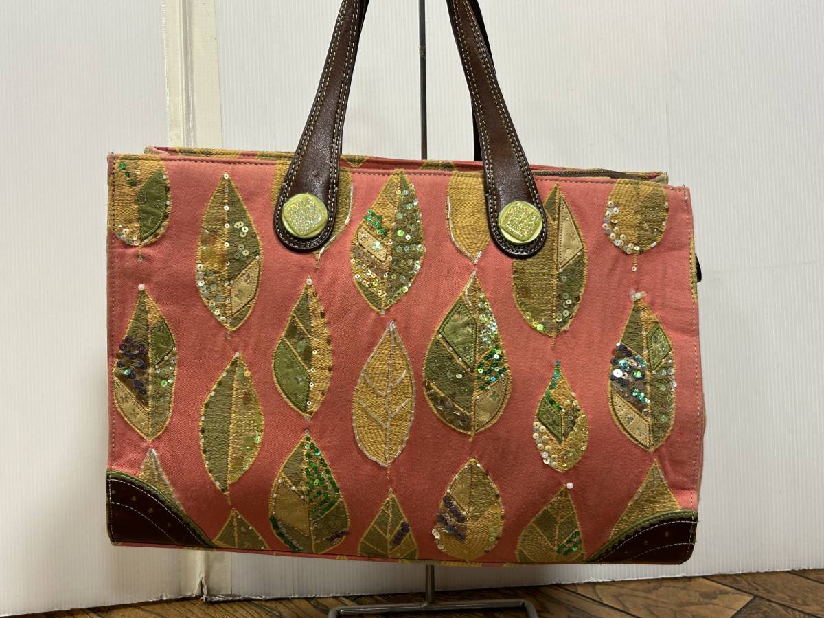 A2415 シンクビー Think Bee!◆ハンド/トートバッグ キラキラ ストーン付き リーフ柄拍卖