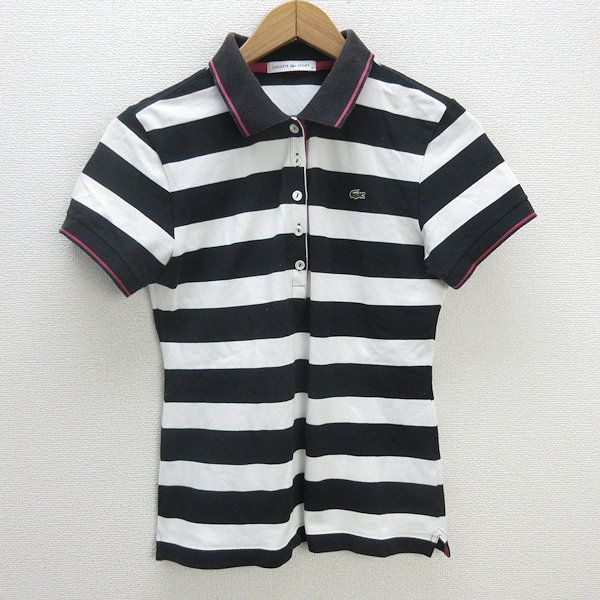 s■日本製■ラコステ/LACOSTE SPORT ボーダー柄 鹿の子地 ポロシャツ【38】黒 白/LADIES/4【中古】拍卖