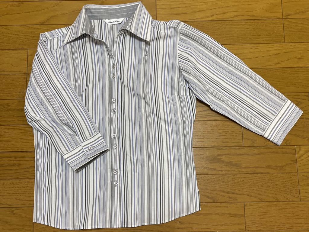 送料無料■Brick House ブリックハウス ホワイト グレー ブルー ストライプ スキッパー 七分袖シャツ サイズL 東京シャツ拍卖