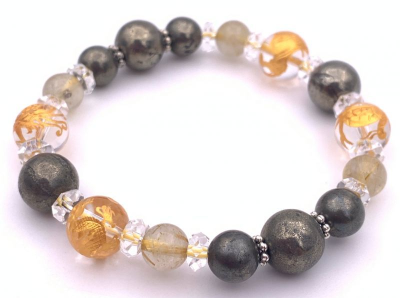風水四神!天然石水晶金彫り10mm玉&パイライト&ルチルクォーツのブレスレット拍卖