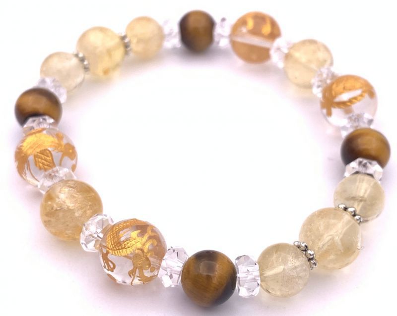 風水四神!天然石水晶金彫り10mm玉&タイガーアイ&シトリンのブレスレット拍卖