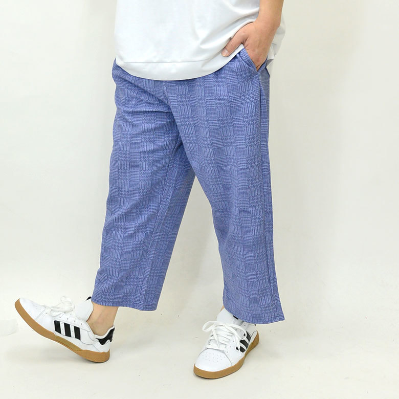 チェック柄エンボス加工スーパーストレッチアンクル丈ワイドパンツ11551新品ネイビーL拍卖
