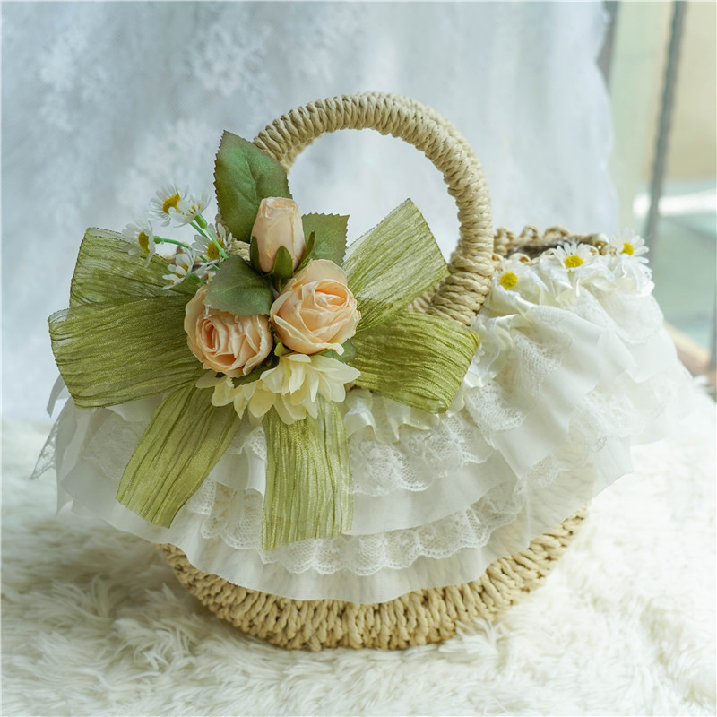 ロリ―タ かごバッグ レース 花 フラワー ポーチ 草編みバッグ 可愛い 小さめ 人気 ハンドバック レディース ロリィタ 春 夏 小型拍卖