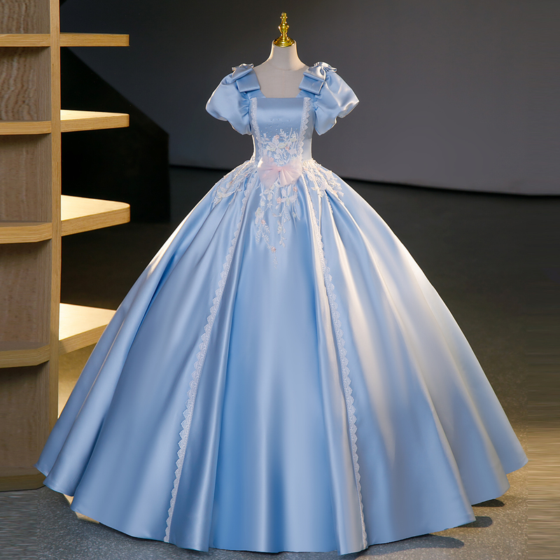 可愛い♪リボン&パフ袖★パーティードレス★パニエ&アクセサリー小物付属★サイズオーダー無料★二次会結婚式演奏会★ロングドレスセット拍卖