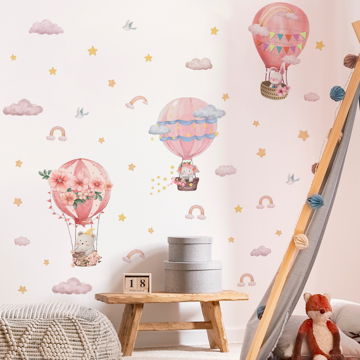 ウォールステッカー YED054 ピンク熱気球 動物 子供 幼稚園 DIY 壁紙 インテリアシート 剥がせるシール 送料無料拍卖