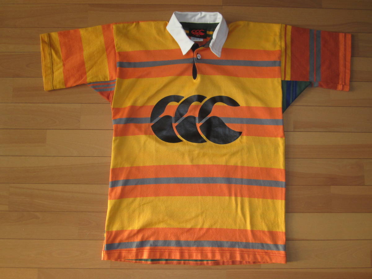 ★CCC CATERBURY 綿55/ポリエステル45 プリント&ボーダーラガーシャツ ニュージーランド製★橙黄sizeS★拍卖