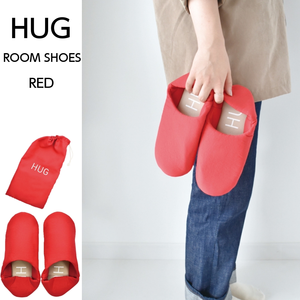 HUG ROOM SHOES バブーシュスリッパ ポーチ付き RED スリッパ 23.0-24.5 室内履き拍卖